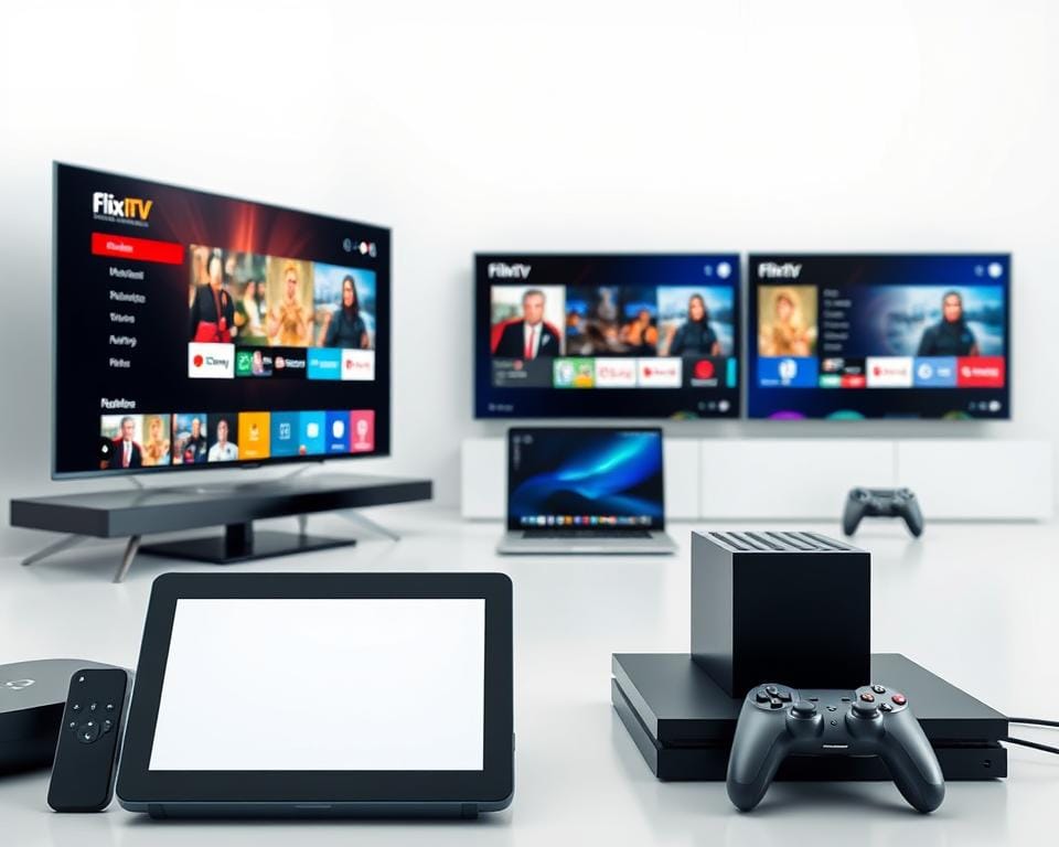 A modern, minimalist composition showcasing a diverse array of digital devices seamlessly connected and compatible with the Flix IPTV service. In the foreground, a sleek smart TV, tablet, and smartphone are arranged in a harmonious layout, their screens displaying vibrant, high-quality IPTV content. The middle ground features a laptop and game console, illustrating the wide range of devices supported. The background is a clean, white space, allowing the devices to be the focal point and emphasizing the accessibility and convenience of the Flix IPTV platform. Soft, natural lighting highlights the premium, user-friendly nature of the devices and the IPTV service. An aura of simplicity and technological integration permeates the scene, reflecting the seamless "Compatibiliteit met verschillende apparaten" experience. A modern, minimalist composition showcasing a diverse array of digital devices seamlessly connected and compatible with the Flix IPTV service. In the foreground, a sleek smart TV, tablet, and smartphone are arranged in a harmonious layout, their screens displaying vibrant, high-quality IPTV content. The middle ground features a laptop and game console, illustrating the wide range of devices supported. The background is a clean, white space, allowing the devices to be the focal point and emphasizing the accessibility and convenience of the Flix IPTV platform. Soft, natural lighting highlights the premium, user-friendly nature of the devices and the IPTV service. An aura of simplicity and technological integration permeates the scene, reflecting the seamless "Compatibiliteit met verschillende apparaten" experience.