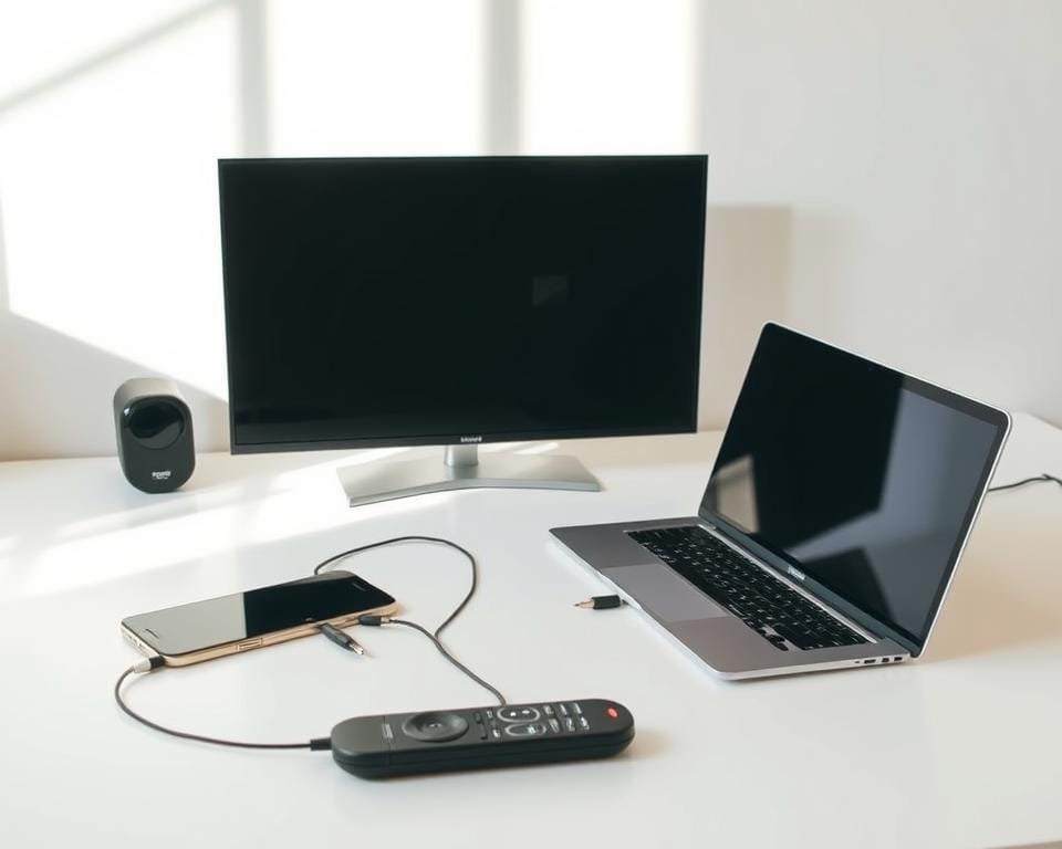 A modern, minimalist desktop setup with a variety of compatible devices seamlessly connected, including a sleek smartphone, a tablet, a laptop, and a smart TV remote control. The devices are arranged in a visually appealing, symmetrical layout against a clean, white background, emphasizing their compatibility and harmonious integration. Soft, natural lighting from the side casts gentle shadows, creating depth and a sense of balance. The overall mood is one of efficiency, technology, and user-friendly connectivity. A modern, minimalist desktop setup with a variety of compatible devices seamlessly connected, including a sleek smartphone, a tablet, a laptop, and a smart TV remote control. The devices are arranged in a visually appealing, symmetrical layout against a clean, white background, emphasizing their compatibility and harmonious integration. Soft, natural lighting from the side casts gentle shadows, creating depth and a sense of balance. The overall mood is one of efficiency, technology, and user-friendly connectivity.