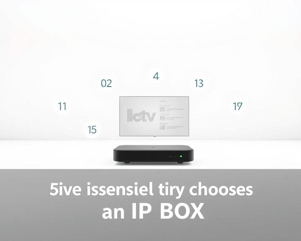A modern, minimalist illustration depicting five essential tips for choosing an IPTV box. The foreground features a floating IPTV device in a clean, white environment, with five numbered icons or symbols arranged around it, representing the key considerations. The middle ground showcases a sleek, streamlined interface or menu system, hinting at the user experience. The background is a soft, neutral gradient, creating a sense of focus and clarity. The overall mood is informative, practical, and visually appealing, guiding the viewer through the decision-making process for selecting the right IPTV solution. A modern, minimalist illustration depicting five essential tips for choosing an IPTV box. The foreground features a floating IPTV device in a clean, white environment, with five numbered icons or symbols arranged around it, representing the key considerations. The middle ground showcases a sleek, streamlined interface or menu system, hinting at the user experience. The background is a soft, neutral gradient, creating a sense of focus and clarity. The overall mood is informative, practical, and visually appealing, guiding the viewer through the decision-making process for selecting the right IPTV solution.