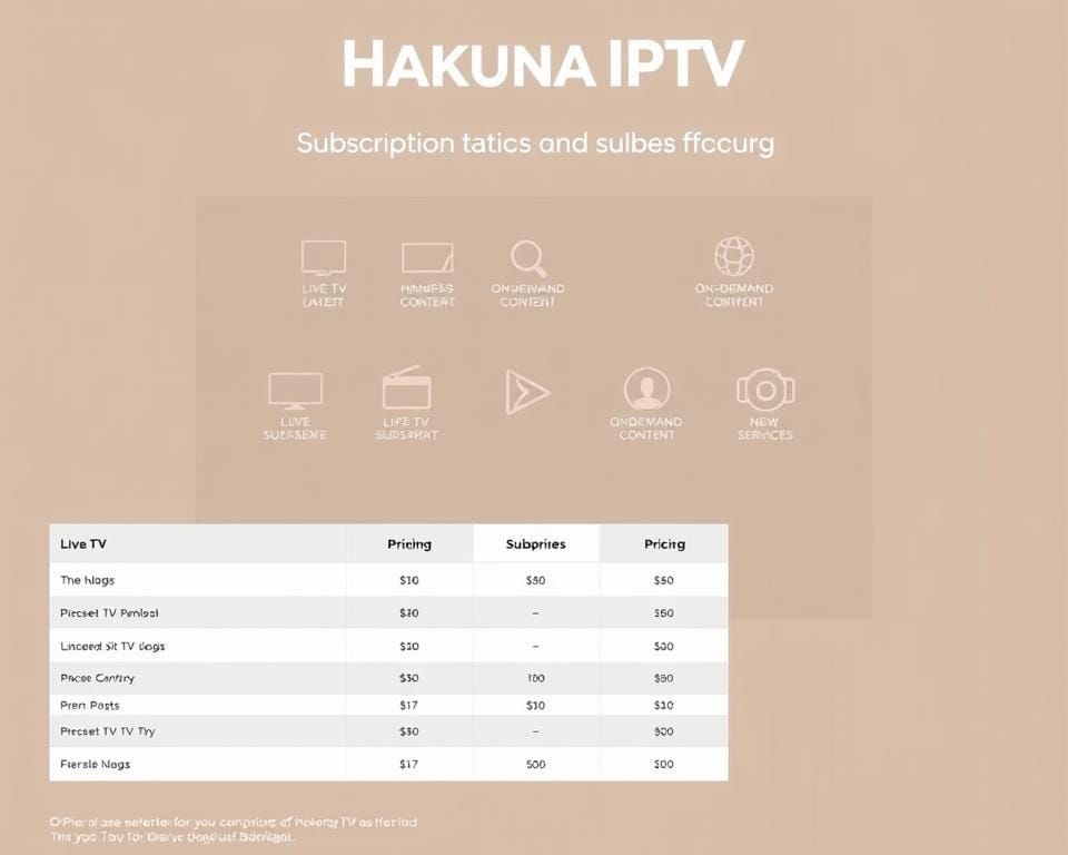 A modern, minimalist infographic depicting the subscription options and pricing structure of Hakuna IPTV. The foreground features a clean, well-organized table showcasing the various subscription tiers, pricing, and key features in a visually appealing layout. The middle ground includes simple icons or illustrations representing live TV, on-demand content, and other Hakuna IPTV services. The background has a subtle, gradient-based color scheme that complements the branding, creating a cohesive and professional aesthetic. The overall mood is informative, clear, and visually engaging, drawing the viewer's attention to the critical details of the Hakuna IPTV subscription options. A modern, minimalist infographic depicting the subscription options and pricing structure of Hakuna IPTV. The foreground features a clean, well-organized table showcasing the various subscription tiers, pricing, and key features in a visually appealing layout. The middle ground includes simple icons or illustrations representing live TV, on-demand content, and other Hakuna IPTV services. The background has a subtle, gradient-based color scheme that complements the branding, creating a cohesive and professional aesthetic. The overall mood is informative, clear, and visually engaging, drawing the viewer's attention to the critical details of the Hakuna IPTV subscription options.