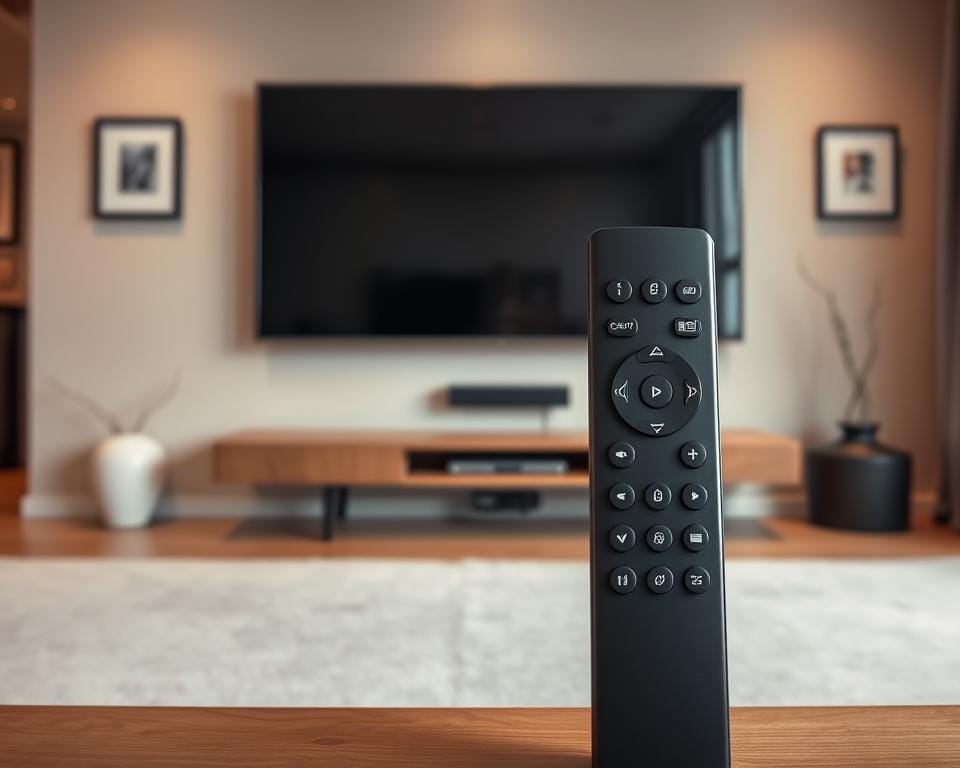 A modern, minimalist interior setting with a large, flat-screen television mounted on the wall. In the foreground, a sleek, black smart TV remote control is positioned prominently, highlighting the user interface and controls. The middle ground features a modern, low-profile entertainment center or media console, with discreet cable management and clean, uncluttered design. The background showcases a warm, neutral-toned room with subtle wall decor, natural lighting, and a sense of tranquility, creating an inviting atmosphere for a comfortable home entertainment experience. A modern, minimalist interior setting with a large, flat-screen television mounted on the wall. In the foreground, a sleek, black smart TV remote control is positioned prominently, highlighting the user interface and controls. The middle ground features a modern, low-profile entertainment center or media console, with discreet cable management and clean, uncluttered design. The background showcases a warm, neutral-toned room with subtle wall decor, natural lighting, and a sense of tranquility, creating an inviting atmosphere for a comfortable home entertainment experience.