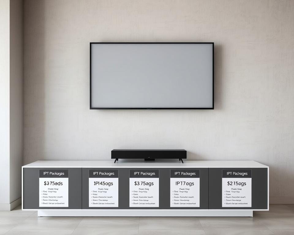 A modern, minimalist interior space with a large flat-screen television mounted on the wall. In the foreground, a sleek, contemporary media console or entertainment unit displays various IPTV packages and pricing information in a clean, organized layout. The background features a neutral-toned wall with subtle textures or patterns, creating a calming, professional atmosphere. Soft, diffused lighting illuminates the scene, highlighting the product details. The overall composition conveys a sense of simplicity, sophistication, and the high-quality, reliable IPTV services being showcased. A modern, minimalist interior space with a large flat-screen television mounted on the wall. In the foreground, a sleek, contemporary media console or entertainment unit displays various IPTV packages and pricing information in a clean, organized layout. The background features a neutral-toned wall with subtle textures or patterns, creating a calming, professional atmosphere. Soft, diffused lighting illuminates the scene, highlighting the product details. The overall composition conveys a sense of simplicity, sophistication, and the high-quality, reliable IPTV services being showcased.