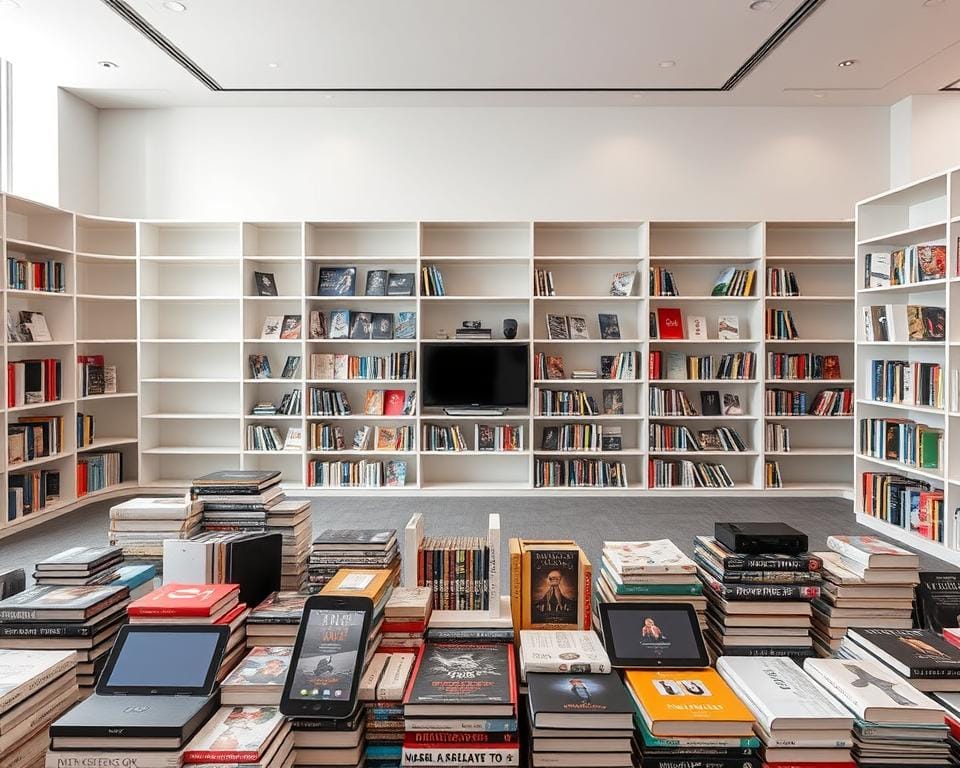A modern, minimalist library overview showcasing various genres and media. In the foreground, an arrangement of books, tablets, and streaming devices arranged in a visually appealing layout. The middle ground features sleek, minimalist shelving units displaying a curated selection of content. The background is a neutral, light-filled space with subtle hints of architectural details, creating a sense of depth and balance. The overall atmosphere is one of simplicity, sophistication, and technological integration, reflecting the digital age of content consumption. A modern, minimalist library overview showcasing various genres and media. In the foreground, an arrangement of books, tablets, and streaming devices arranged in a visually appealing layout. The middle ground features sleek, minimalist shelving units displaying a curated selection of content. The background is a neutral, light-filled space with subtle hints of architectural details, creating a sense of depth and balance. The overall atmosphere is one of simplicity, sophistication, and technological integration, reflecting the digital age of content consumption.