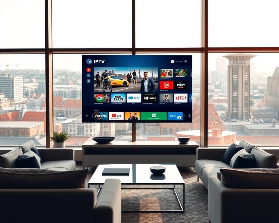 A modern office interior with large windows overlooking a vibrant Dutch cityscape. In the foreground, a sleek smart TV displays a dynamic IPTV interface showcasing a range of entertainment options. The middle ground features a comfortable couch and a minimalist coffee table, conveying a sense of relaxation and media consumption. The background is bathed in warm, natural lighting, creating a welcoming and inviting atmosphere. The overall scene emphasizes the convenience, flexibility, and entertainment value of IPTV technology in the Netherlands. A modern office interior with large windows overlooking a vibrant Dutch cityscape. In the foreground, a sleek smart TV displays a dynamic IPTV interface showcasing a range of entertainment options. The middle ground features a comfortable couch and a minimalist coffee table, conveying a sense of relaxation and media consumption. The background is bathed in warm, natural lighting, creating a welcoming and inviting atmosphere. The overall scene emphasizes the convenience, flexibility, and entertainment value of IPTV technology in the Netherlands.