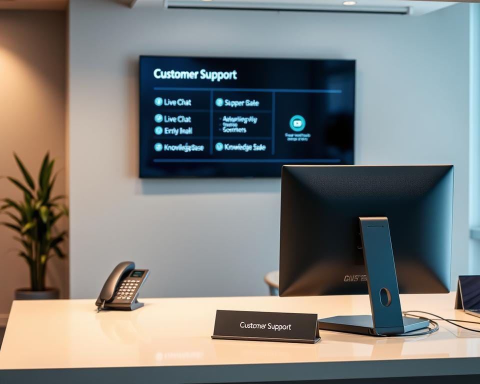 A modern office setting with a customer service desk as the focal point. The desk is well-organized, with a sleek computer monitor, a telephone, and a nameplate reading "Customer Support". In the background, a wall-mounted display showcases various support options, such as live chat, email, and a knowledge base. Warm, indirect lighting creates a welcoming ambiance, while the color palette consists of soothing grays and blues. The scene conveys a sense of professionalism, efficiency, and a commitment to providing excellent customer service. A modern office setting with a customer service desk as the focal point. The desk is well-organized, with a sleek computer monitor, a telephone, and a nameplate reading "Customer Support". In the background, a wall-mounted display showcases various support options, such as live chat, email, and a knowledge base. Warm, indirect lighting creates a welcoming ambiance, while the color palette consists of soothing grays and blues. The scene conveys a sense of professionalism, efficiency, and a commitment to providing excellent customer service.