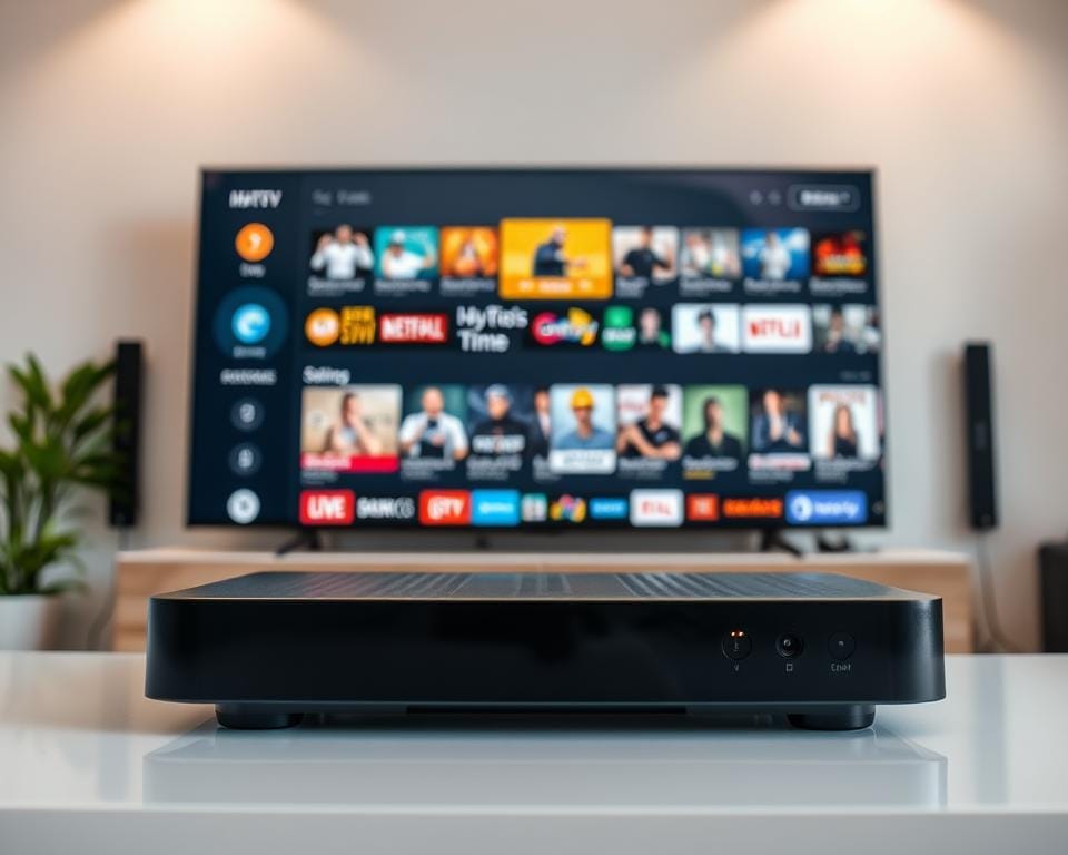 A modern, sleek IPTV device prominently showcased in a well-lit, minimalist living room setting. The device is presented on a clean, white table, subtly reflecting the warm lighting from above. Behind it, a large, high-definition display shows a diverse array of live TV channels and on-demand content, representing the extensive content library of Hakuna IPTV. The room's neutral color palette and clean design create a sense of sophistication and technological integration, reflecting the advanced features and capabilities of the IPTV system. The scene conveys a premium, user-friendly experience for accessing a wide range of live television and streaming options. A modern, sleek IPTV device prominently showcased in a well-lit, minimalist living room setting. The device is presented on a clean, white table, subtly reflecting the warm lighting from above. Behind it, a large, high-definition display shows a diverse array of live TV channels and on-demand content, representing the extensive content library of Hakuna IPTV. The room's neutral color palette and clean design create a sense of sophistication and technological integration, reflecting the advanced features and capabilities of the IPTV system. The scene conveys a premium, user-friendly experience for accessing a wide range of live television and streaming options.