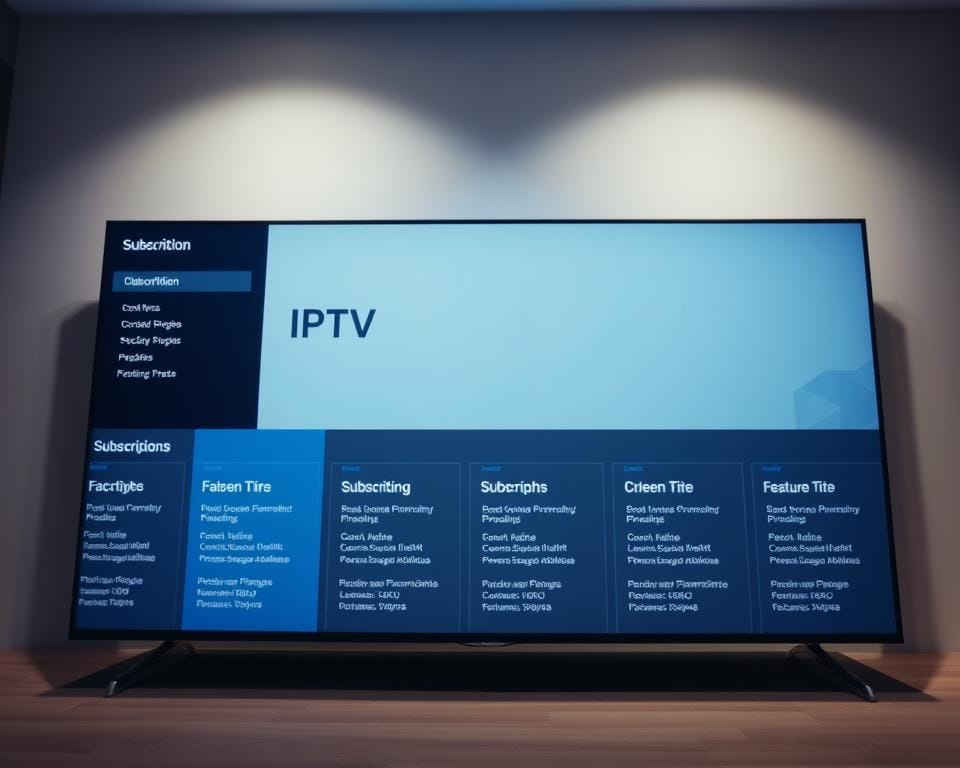 A modern, sleek IPTV service interface displaying a selection of subscription options. In the foreground, various package tiers are presented with clear pricing and feature details. The middle ground showcases a clean, intuitive user experience with bold typography and a minimalist color palette of blues and grays. The background depicts a subtle technology-inspired pattern, perhaps hexagonal shapes, creating a sense of connectivity and digital sophistication. Soft, indirect lighting illuminates the scene, giving it a professional, well-designed appearance. The overall mood is one of clarity, accessibility, and the ability to tailor the IPTV service to the user's needs. A modern, sleek IPTV service interface displaying a selection of subscription options. In the foreground, various package tiers are presented with clear pricing and feature details. The middle ground showcases a clean, intuitive user experience with bold typography and a minimalist color palette of blues and grays. The background depicts a subtle technology-inspired pattern, perhaps hexagonal shapes, creating a sense of connectivity and digital sophistication. Soft, indirect lighting illuminates the scene, giving it a professional, well-designed appearance. The overall mood is one of clarity, accessibility, and the ability to tailor the IPTV service to the user's needs.
