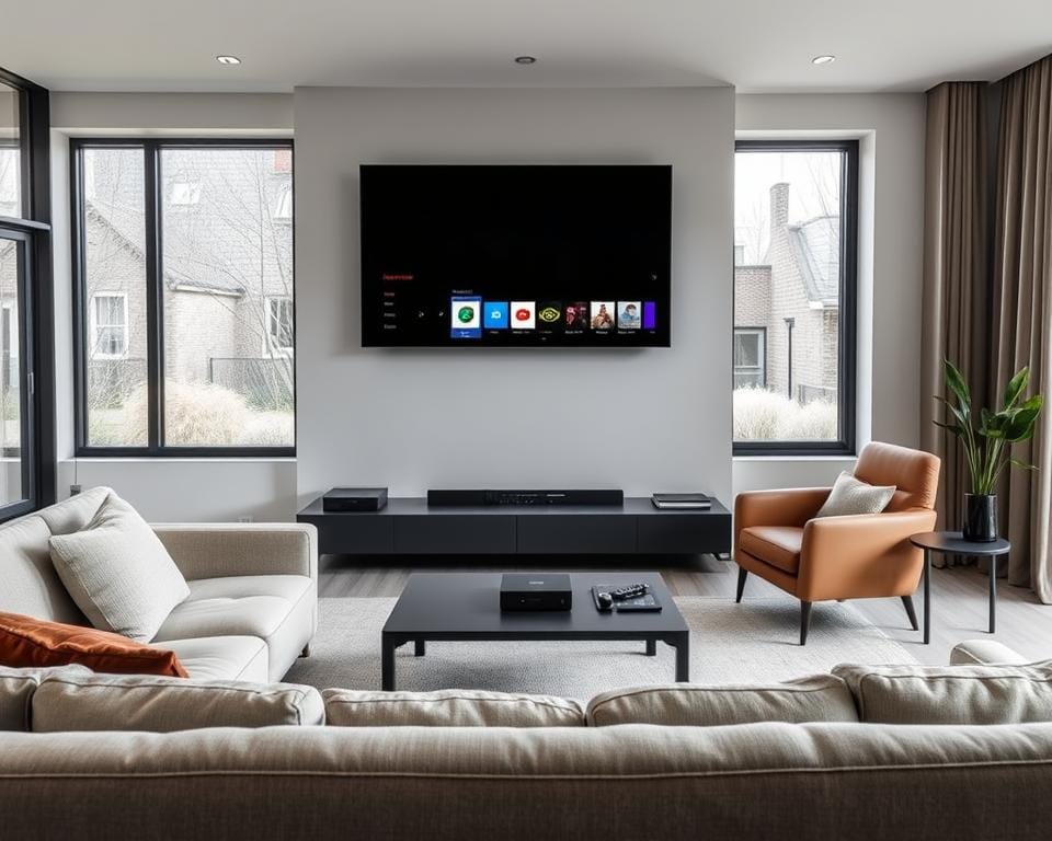 A modern, sleek living room interior with a large flat-screen TV mounted on the wall. In the foreground, a comfortable sofa and armchair facing the TV, providing a cozy setup for enjoying streaming services. The middle ground features a minimalist coffee table and side tables, with neatly organized remote controls and streaming device. The background showcases large windows, allowing natural light to flood the space and creating a bright, airy atmosphere. The overall scene conveys the convenience and enjoyment of using a streaming service in the comfort of a well-designed, contemporary Dutch home. A modern, sleek living room interior with a large flat-screen TV mounted on the wall. In the foreground, a comfortable sofa and armchair facing the TV, providing a cozy setup for enjoying streaming services. The middle ground features a minimalist coffee table and side tables, with neatly organized remote controls and streaming device. The background showcases large windows, allowing natural light to flood the space and creating a bright, airy atmosphere. The overall scene conveys the convenience and enjoyment of using a streaming service in the comfort of a well-designed, contemporary Dutch home.
