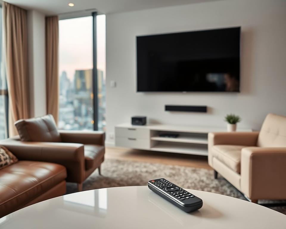 A modern, sleek living room with a large flat-screen TV mounted on the wall. In the foreground, a stylish leather sofa and armchair face the TV, creating a cozy entertainment space. On the coffee table, a high-quality IPTV remote control sits prominently, showcasing the ease of use. The middle ground features a minimalist entertainment system cabinet, housing the IPTV box and other media devices. The background depicts a large window overlooking a vibrant city skyline, bathing the room in natural light and conveying a sense of urban sophistication. The overall scene exudes a warm, inviting atmosphere, highlighting the convenience and quality of the IPTV service. A modern, sleek living room with a large flat-screen TV mounted on the wall. In the foreground, a stylish leather sofa and armchair face the TV, creating a cozy entertainment space. On the coffee table, a high-quality IPTV remote control sits prominently, showcasing the ease of use. The middle ground features a minimalist entertainment system cabinet, housing the IPTV box and other media devices. The background depicts a large window overlooking a vibrant city skyline, bathing the room in natural light and conveying a sense of urban sophistication. The overall scene exudes a warm, inviting atmosphere, highlighting the convenience and quality of the IPTV service.