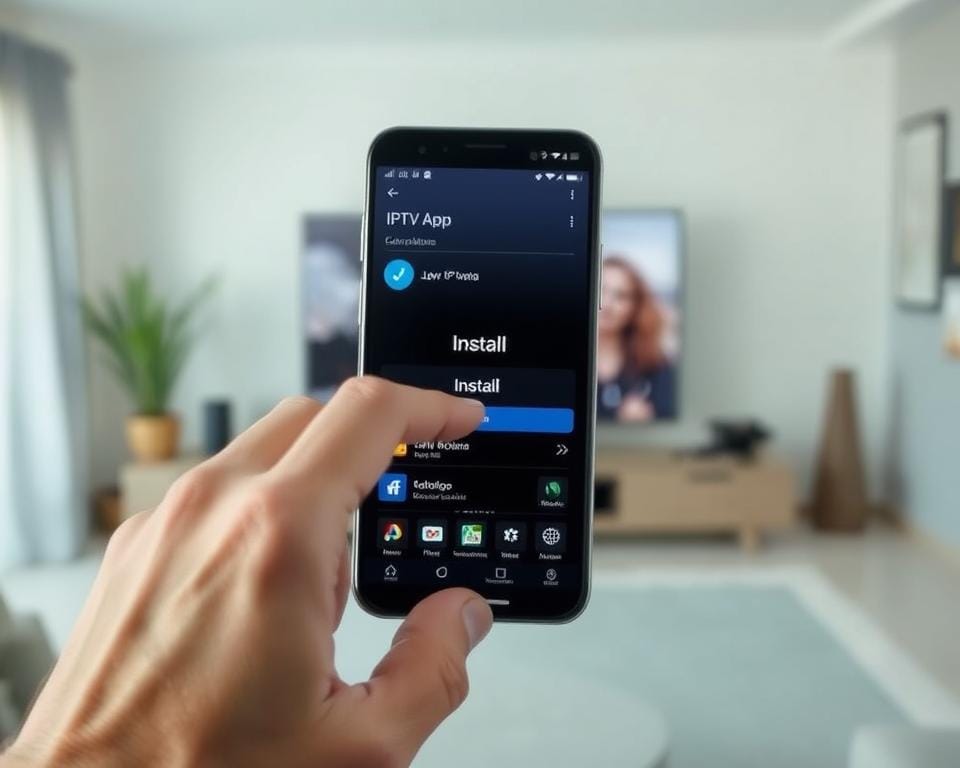 A modern smartphone screen displaying an IPTV app installation process. The foreground shows a hand tapping the "Install" button on the app screen, with smooth, natural finger movements. The middle ground features the IPTV app's interface, showcasing a clean, minimalist design with intuitive menus and icons. The background depicts a blurred, out-of-focus room, creating a sense of depth and emphasizing the focal point of the app installation. The lighting is soft and diffused, casting gentle shadows and highlights on the screen, conveying a sense of effortlessness and efficiency. The overall mood is one of simplicity, accessibility, and technological seamlessness. A modern smartphone screen displaying an IPTV app installation process. The foreground shows a hand tapping the "Install" button on the app screen, with smooth, natural finger movements. The middle ground features the IPTV app's interface, showcasing a clean, minimalist design with intuitive menus and icons. The background depicts a blurred, out-of-focus room, creating a sense of depth and emphasizing the focal point of the app installation. The lighting is soft and diffused, casting gentle shadows and highlights on the screen, conveying a sense of effortlessness and efficiency. The overall mood is one of simplicity, accessibility, and technological seamlessness.