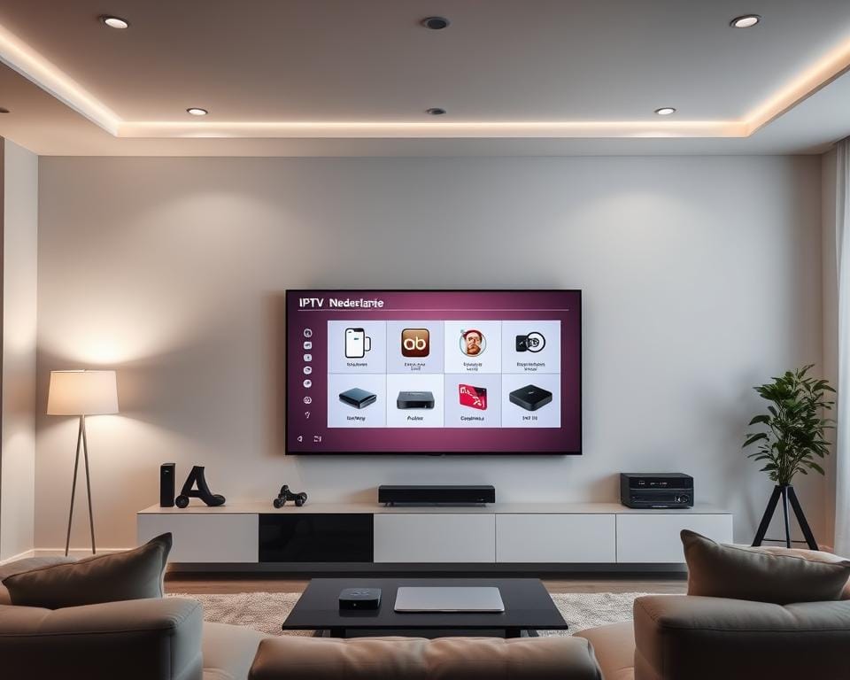 A modern, well-lit living room with a large, sleek smart TV taking center stage. The TV's screen displays a selection of compatible device icons, including smartphones, tablets, and streaming boxes, reflecting the versatility of IPTV Nederland's services. The room's decor is minimalist and contemporary, with clean lines and neutral tones, creating a visually appealing and tech-savvy atmosphere. Soft, diffused lighting from floor lamps and recessed ceiling fixtures gently illuminates the scene, showcasing the TV's crystal-clear display and the seamless integration of various compatible devices. The overall impression conveys the ease and convenience of accessing IPTV Nederland's quality services across a range of smart home devices. A modern, well-lit living room with a large, sleek smart TV taking center stage. The TV's screen displays a selection of compatible device icons, including smartphones, tablets, and streaming boxes, reflecting the versatility of IPTV Nederland's services. The room's decor is minimalist and contemporary, with clean lines and neutral tones, creating a visually appealing and tech-savvy atmosphere. Soft, diffused lighting from floor lamps and recessed ceiling fixtures gently illuminates the scene, showcasing the TV's crystal-clear display and the seamless integration of various compatible devices. The overall impression conveys the ease and convenience of accessing IPTV Nederland's quality services across a range of smart home devices.