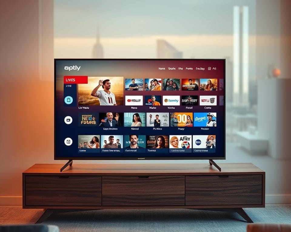 A premium IPTV service displayed on a sleek, modern television set. The screen showcases a diverse array of entertainment options, from live news and sports to on-demand movies and TV shows. The television is placed on a minimalist, wooden entertainment center, bathed in soft, warm lighting that creates a cozy, inviting atmosphere. The background features a blurred cityscape, suggesting the global reach and connectivity of the premium IPTV service. The overall composition conveys a sense of high-quality, cutting-edge technology seamlessly integrated into a stylish, comfortable living space. A premium IPTV service displayed on a sleek, modern television set. The screen showcases a diverse array of entertainment options, from live news and sports to on-demand movies and TV shows. The television is placed on a minimalist, wooden entertainment center, bathed in soft, warm lighting that creates a cozy, inviting atmosphere. The background features a blurred cityscape, suggesting the global reach and connectivity of the premium IPTV service. The overall composition conveys a sense of high-quality, cutting-edge technology seamlessly integrated into a stylish, comfortable living space.
