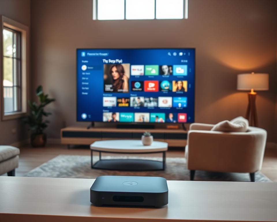 A premium quality streaming service showcasing a sleek and modern user interface, with a clean and intuitive design. The scene depicts a living room setting, with a large flatscreen TV taking center stage, displaying high-definition content. Warm, natural lighting filters through large windows, creating a cozy and inviting atmosphere. In the foreground, a minimalist, high-end media console houses the streaming device, its subtle LED indicators pulsing softly. In the middle ground, a plush, comfortable couch and armchair invite viewers to sit back and enjoy their favorite TV shows and movies. The background features muted, neutral-toned walls, complementing the overall refined and elegant aesthetic. A premium quality streaming service showcasing a sleek and modern user interface, with a clean and intuitive design. The scene depicts a living room setting, with a large flatscreen TV taking center stage, displaying high-definition content. Warm, natural lighting filters through large windows, creating a cozy and inviting atmosphere. In the foreground, a minimalist, high-end media console houses the streaming device, its subtle LED indicators pulsing softly. In the middle ground, a plush, comfortable couch and armchair invite viewers to sit back and enjoy their favorite TV shows and movies. The background features muted, neutral-toned walls, complementing the overall refined and elegant aesthetic.