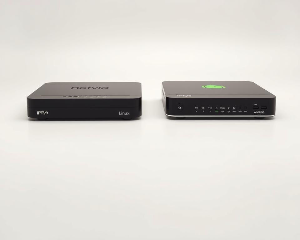 A professional photoshoot of two IPTV set-top boxes, one running Linux and the other Android, placed side-by-side on a clean, minimalist studio set. Soft, even lighting from the front and sides creates a crisp, high-quality product shot. The boxes are positioned at a slight angle, showcasing their distinct designs and UI elements. The background is a plain, off-white seamless backdrop, keeping the focus on the two devices. The overall mood is sleek, technical, and highlights the key differences between the Linux and Android IPTV platforms. A professional photoshoot of two IPTV set-top boxes, one running Linux and the other Android, placed side-by-side on a clean, minimalist studio set. Soft, even lighting from the front and sides creates a crisp, high-quality product shot. The boxes are positioned at a slight angle, showcasing their distinct designs and UI elements. The background is a plain, off-white seamless backdrop, keeping the focus on the two devices. The overall mood is sleek, technical, and highlights the key differences between the Linux and Android IPTV platforms.
