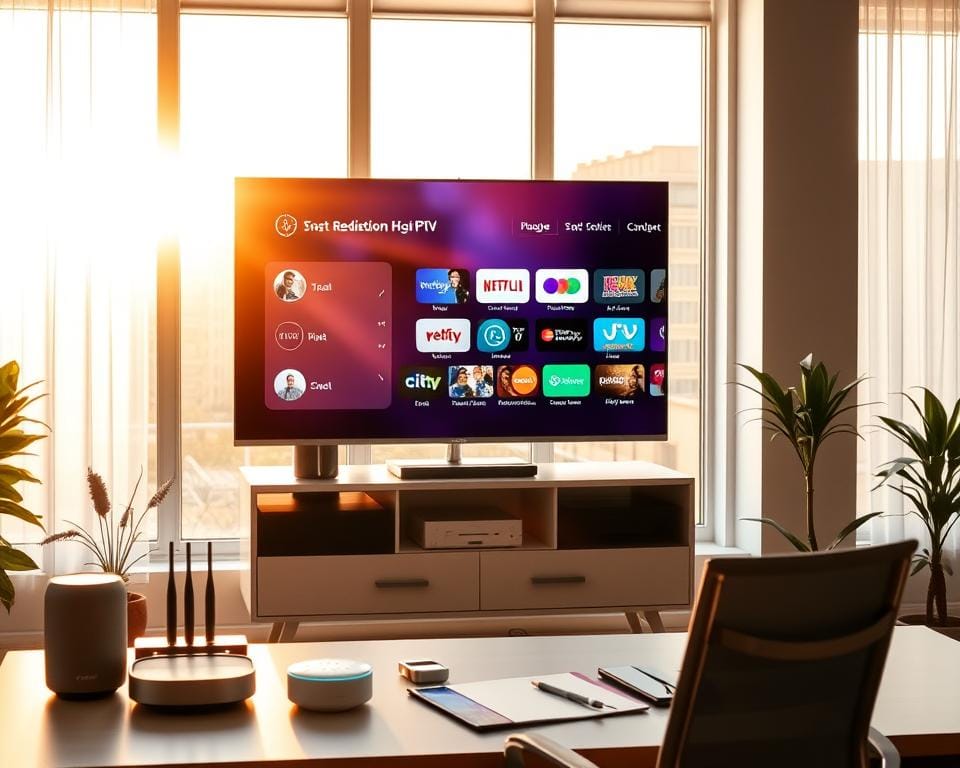 A serene and modern office workspace, bathed in warm natural light streaming through large windows. In the foreground, a sleek, high-definition television screen displays a vivid IPTV interface, showcasing a diverse array of channels and on-demand content. Surrounding the screen, an assortment of smart home devices, such as a voice assistant and a wireless router, create an integrated and connected environment. In the middle ground, a comfortable, ergonomic office chair and a minimalist desk setup with a laptop and notepad suggest a productive and efficient workspace. The background features a clean, minimalist decor with neutral tones and natural elements, conveying a sense of calm and professionalism.