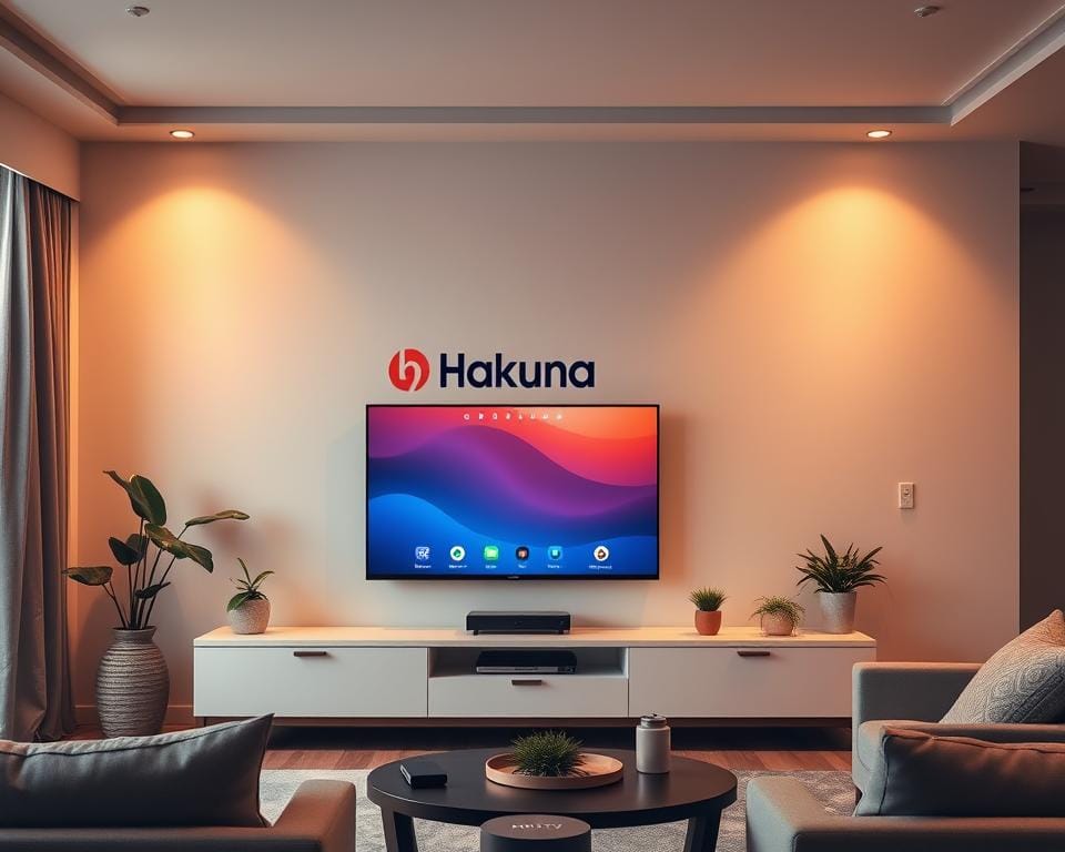 A serene living room interior with a large flat-screen TV prominently displayed, showcasing the Hakuna IPTV logo and interface. The room is bathed in warm, soft lighting, creating a cozy and inviting atmosphere. Tasteful wooden furniture and plants add to the homely ambiance. The TV is mounted on a sleek, modern wall unit, complementing the minimalist design aesthetic. The camera angle is positioned to capture the TV screen at an optimal viewing angle, allowing the viewer to clearly see the Hakuna IPTV user interface and get a sense of the product's features and capabilities. A serene living room interior with a large flat-screen TV prominently displayed, showcasing the Hakuna IPTV logo and interface. The room is bathed in warm, soft lighting, creating a cozy and inviting atmosphere. Tasteful wooden furniture and plants add to the homely ambiance. The TV is mounted on a sleek, modern wall unit, complementing the minimalist design aesthetic. The camera angle is positioned to capture the TV screen at an optimal viewing angle, allowing the viewer to clearly see the Hakuna IPTV user interface and get a sense of the product's features and capabilities.