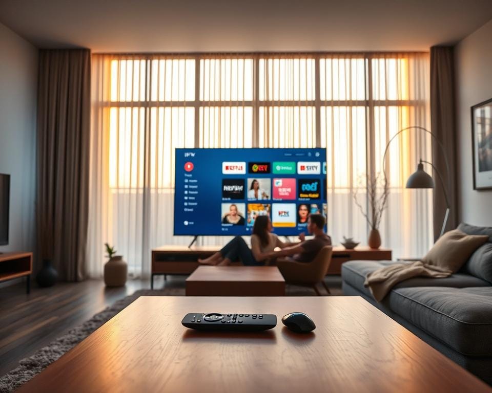 A serene, modern living room with a large, flat-screen television displaying the IPTV user interface. The room is bathed in warm, natural lighting from a wall of windows, creating a cozy and inviting atmosphere. In the foreground, a sleek, minimalist coffee table holds a remote control, highlighting the convenience of IPTV. The middle ground features a comfortable, contemporary sofa where a person is relaxing and enjoying the content on the screen. The background showcases a minimalist, Scandinavian-inspired decor, emphasizing the simplicity and elegance of the IPTV experience. A serene, modern living room with a large, flat-screen television displaying the IPTV user interface. The room is bathed in warm, natural lighting from a wall of windows, creating a cozy and inviting atmosphere. In the foreground, a sleek, minimalist coffee table holds a remote control, highlighting the convenience of IPTV. The middle ground features a comfortable, contemporary sofa where a person is relaxing and enjoying the content on the screen. The background showcases a minimalist, Scandinavian-inspired decor, emphasizing the simplicity and elegance of the IPTV experience.