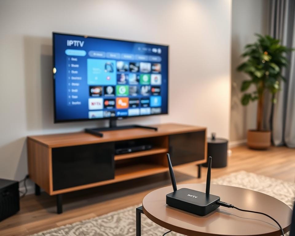 A simple and intuitive IPTV setup. A modern home entertainment center with a sleek, minimalist TV stand holding a smart TV. On the TV screen, an IPTV interface displays a clean, user-friendly menu. Nearby, a wireless router and a small IPTV box or dongle sit neatly on a side table, connected with unobtrusive cables. The lighting is soft and ambient, creating a cozy, relaxed atmosphere. The overall scene conveys ease of use and convenience, perfectly capturing the "Eenvoudige installatie en setup" concept for an IPTV subscription in the Netherlands. A simple and intuitive IPTV setup. A modern home entertainment center with a sleek, minimalist TV stand holding a smart TV. On the TV screen, an IPTV interface displays a clean, user-friendly menu. Nearby, a wireless router and a small IPTV box or dongle sit neatly on a side table, connected with unobtrusive cables. The lighting is soft and ambient, creating a cozy, relaxed atmosphere. The overall scene conveys ease of use and convenience, perfectly capturing the "Eenvoudige installatie en setup" concept for an IPTV subscription in the Netherlands.
