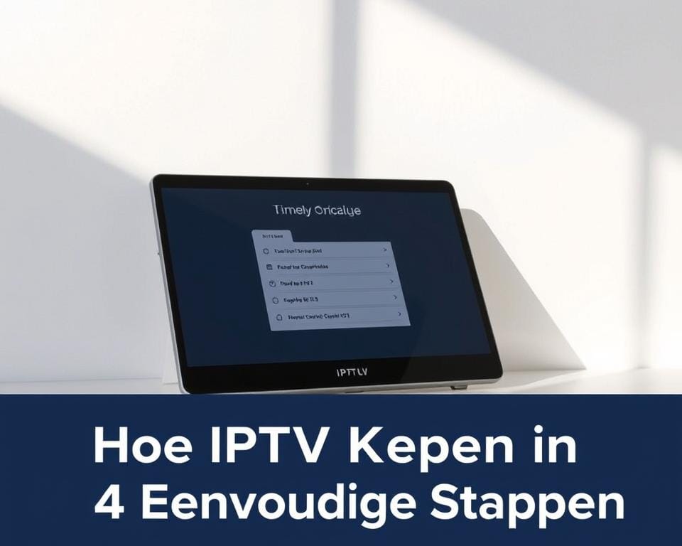 A simple, clean IPTV subscription package displayed on a sleek, modern device. The screen shows a user-friendly interface with clear options to select and purchase the IPTV service. The device is angled slightly, casting soft, natural lighting across the scene. The background is a minimalist, neutral tone, allowing the device and interface to be the focus. The overall mood is one of ease and accessibility, perfectly capturing the "Hoe IPTV Code Kopen in 4 Eenvoudige Stappen" section title. A simple, clean IPTV subscription package displayed on a sleek, modern device. The screen shows a user-friendly interface with clear options to select and purchase the IPTV service. The device is angled slightly, casting soft, natural lighting across the scene. The background is a minimalist, neutral tone, allowing the device and interface to be the focus. The overall mood is one of ease and accessibility, perfectly capturing the "Hoe IPTV Code Kopen in 4 Eenvoudige Stappen" section title.