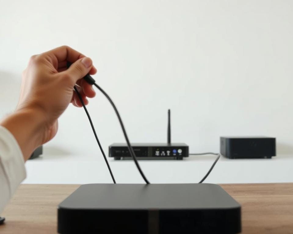 A simple, step-by-step IPTV installation process unfolds in a well-lit, minimalist home setting. In the foreground, a person's hands gently connect cables to a sleek, modern IPTV box, the focus sharp and precise. The middle ground showcases the box itself, its clean lines and intuitive design inviting effortless interaction. In the background, a plain white wall provides a calming, uncluttered backdrop, allowing the installation process to take center stage. Soft, diffused lighting illuminates the scene, creating a sense of clarity and simplicity. The overall mood is one of ease and approachability, reflecting the straightforward nature of the installation. A simple, step-by-step IPTV installation process unfolds in a well-lit, minimalist home setting. In the foreground, a person's hands gently connect cables to a sleek, modern IPTV box, the focus sharp and precise. The middle ground showcases the box itself, its clean lines and intuitive design inviting effortless interaction. In the background, a plain white wall provides a calming, uncluttered backdrop, allowing the installation process to take center stage. Soft, diffused lighting illuminates the scene, creating a sense of clarity and simplicity. The overall mood is one of ease and approachability, reflecting the straightforward nature of the installation.