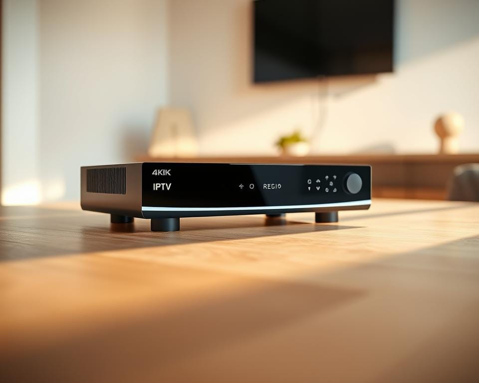 A sleek and modern 4K IPTV receiver prominently displayed in the foreground, its streamlined design and high-tech features evident. The device is positioned on a minimalist wooden surface, casting subtle shadows that add depth and dimension. The background is softly blurred, allowing the receiver to be the focal point, with a hint of a clean, contemporary interior visible. Warm, diffused lighting bathes the scene, creating a sense of sophistication and premium quality. The overall composition emphasizes the 4K capabilities and advanced image processing of the IPTV receiver, showcasing its ability to deliver exceptional picture quality. A sleek and modern 4K IPTV receiver prominently displayed in the foreground, its streamlined design and high-tech features evident. The device is positioned on a minimalist wooden surface, casting subtle shadows that add depth and dimension. The background is softly blurred, allowing the receiver to be the focal point, with a hint of a clean, contemporary interior visible. Warm, diffused lighting bathes the scene, creating a sense of sophistication and premium quality. The overall composition emphasizes the 4K capabilities and advanced image processing of the IPTV receiver, showcasing its ability to deliver exceptional picture quality.
