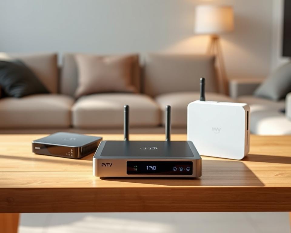 A sleek and modern IPTV box setup, showcased on a minimalist wooden table. The three leading devices are prominently displayed, their clean lines and high-tech features catching the eye. Soft, directional lighting illuminates the scene, casting subtle shadows that accentuate the products' contours. The background is a muted, out-of-focus living room, hinting at the boxes' intended home environment. The overall composition is balanced and visually appealing, highlighting the key IPTV devices in a way that aligns with the article's subject and section title. A sleek and modern IPTV box setup, showcased on a minimalist wooden table. The three leading devices are prominently displayed, their clean lines and high-tech features catching the eye. Soft, directional lighting illuminates the scene, casting subtle shadows that accentuate the products' contours. The background is a muted, out-of-focus living room, hinting at the boxes' intended home environment. The overall composition is balanced and visually appealing, highlighting the key IPTV devices in a way that aligns with the article's subject and section title.