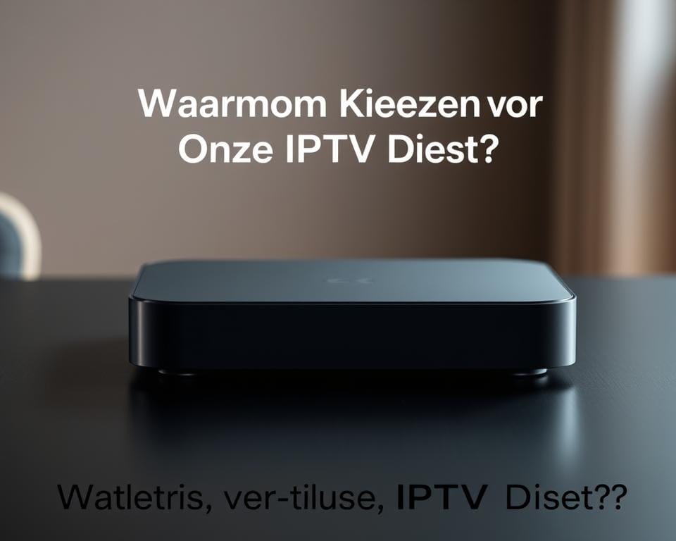 A sleek and modern IPTV device rests on a dark, minimalist table, its simple yet elegant design conveying a sense of reliability and trustworthiness. The device is framed by a soft, warm lighting that creates a comforting atmosphere, while the background is blurred, allowing the IPTV unit to be the focal point. The image suggests a premium, high-quality IPTV service that is dependable and easy to use, perfectly aligning with the section title "Waarom Kiezen voor Onze IPTV Dienst?". A sleek and modern IPTV device rests on a dark, minimalist table, its simple yet elegant design conveying a sense of reliability and trustworthiness. The device is framed by a soft, warm lighting that creates a comforting atmosphere, while the background is blurred, allowing the IPTV unit to be the focal point. The image suggests a premium, high-quality IPTV service that is dependable and easy to use, perfectly aligning with the section title "Waarom Kiezen voor Onze IPTV Dienst?".