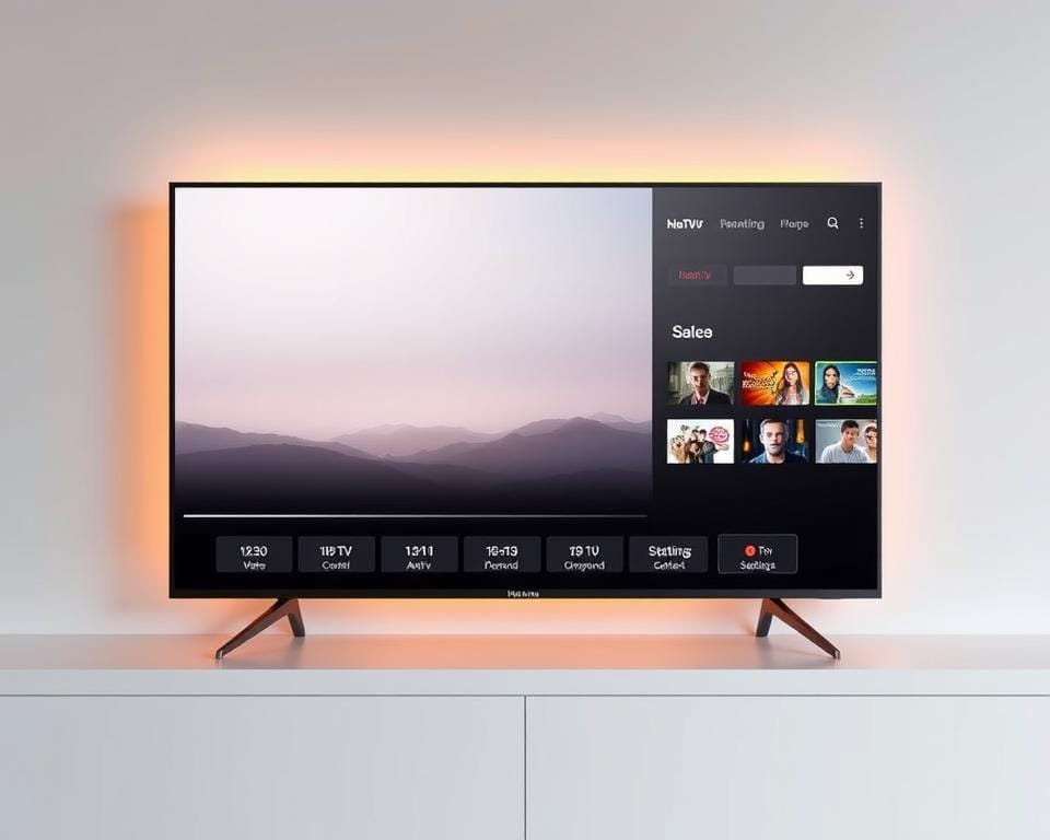 A sleek and modern IPTV platform interface with a clean, minimalist design. The main screen features a large, high-definition video player in the center, surrounded by a minimalist control panel with intuitive icons for accessing live TV channels, on-demand content, and settings. The background is a soft, neutral gradient that creates a calming atmosphere. Subtle lighting from the edges of the screen casts a warm glow, enhancing the premium feel of the interface. The layout is well-organized, with clear sections for different content types, making navigation seamless and user-friendly. The overall aesthetic is sophisticated and elegant, reflecting the high-quality IPTV experience Hakuna provides. A sleek and modern IPTV platform interface with a clean, minimalist design. The main screen features a large, high-definition video player in the center, surrounded by a minimalist control panel with intuitive icons for accessing live TV channels, on-demand content, and settings. The background is a soft, neutral gradient that creates a calming atmosphere. Subtle lighting from the edges of the screen casts a warm glow, enhancing the premium feel of the interface. The layout is well-organized, with clear sections for different content types, making navigation seamless and user-friendly. The overall aesthetic is sophisticated and elegant, reflecting the high-quality IPTV experience Hakuna provides.
