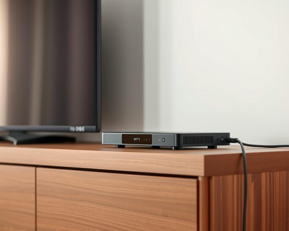 A sleek and modern IPTV receiver rests on a wooden TV stand, its smooth, minimalist design standing out against a backdrop of clean, white walls. Soft, indirect lighting casts a warm glow, creating a cozy, inviting atmosphere. The receiver's front panel features a simple, intuitive interface, beckoning the user to explore its capabilities. Cables neatly run along the back, seamlessly integrating the device into the home entertainment setup. The scene conveys a sense of effortless technology integration, ready to unlock a world of streaming content. A sleek and modern IPTV receiver rests on a wooden TV stand, its smooth, minimalist design standing out against a backdrop of clean, white walls. Soft, indirect lighting casts a warm glow, creating a cozy, inviting atmosphere. The receiver's front panel features a simple, intuitive interface, beckoning the user to explore its capabilities. Cables neatly run along the back, seamlessly integrating the device into the home entertainment setup. The scene conveys a sense of effortless technology integration, ready to unlock a world of streaming content.