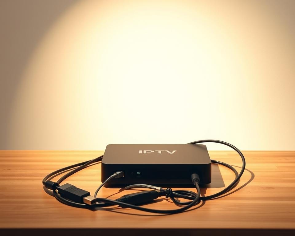 A sleek and modern IPTV set-top box sitting on a minimalist wooden table, casting a soft shadow. The device features a clean, rectangular design with matte black finish and subtle LED indicators. In the middle ground, various HDMI, Ethernet, and power cables snake around the box, neatly organized. The background is a plain, white wall, illuminated by warm, diffused lighting, creating a sense of simplicity and technological sophistication. A sleek and modern IPTV set-top box sitting on a minimalist wooden table, casting a soft shadow. The device features a clean, rectangular design with matte black finish and subtle LED indicators. In the middle ground, various HDMI, Ethernet, and power cables snake around the box, neatly organized. The background is a plain, white wall, illuminated by warm, diffused lighting, creating a sense of simplicity and technological sophistication.