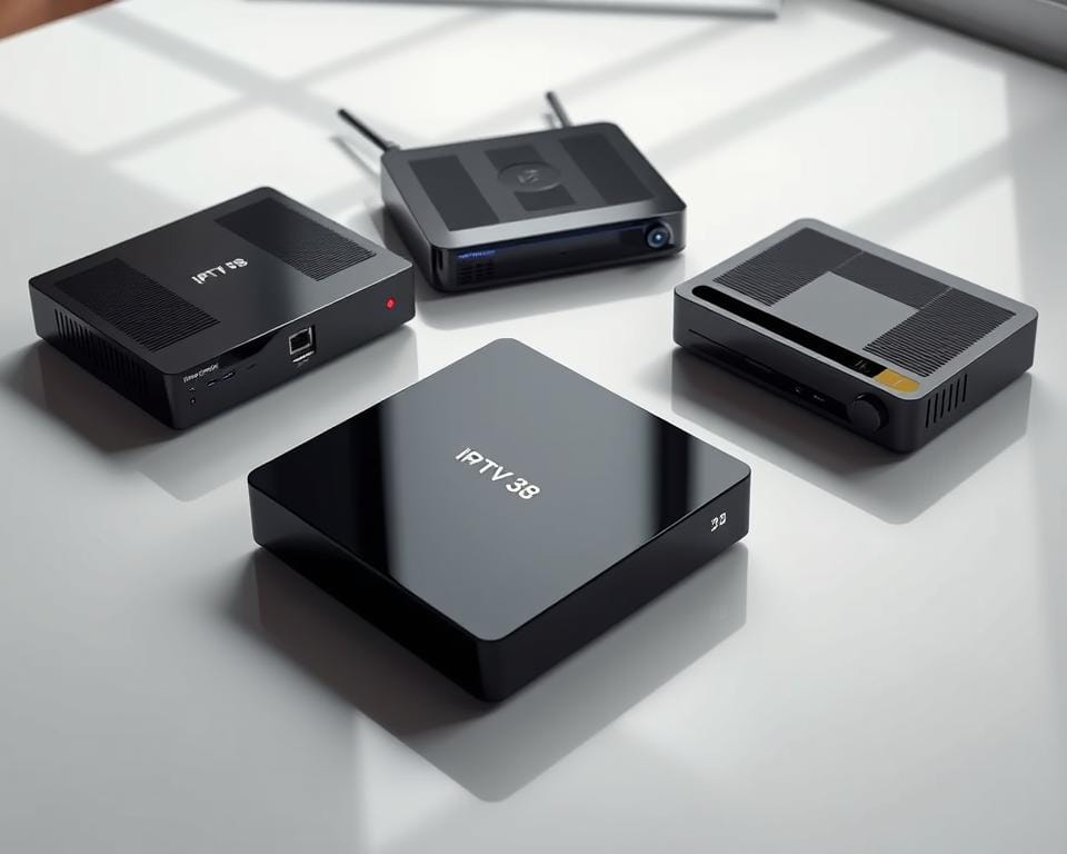 A sleek and modern arrangement of the top 3 IPTV receivers for 2024, showcased in a professional and visually appealing manner. The devices are presented on a clean, minimalist surface, with carefully chosen angles and lighting to highlight their design features. The scene conveys a sense of sophistication and technological advancement, fitting the subject of the article. Soft shadows and a slightly desaturated color palette contribute to an elegant, high-end aesthetic. The overall composition draws the viewer's attention to the key IPTV products, providing a visually striking illustration for the article's section on the best IPTV boxes of the year. A sleek and modern arrangement of the top 3 IPTV receivers for 2024, showcased in a professional and visually appealing manner. The devices are presented on a clean, minimalist surface, with carefully chosen angles and lighting to highlight their design features. The scene conveys a sense of sophistication and technological advancement, fitting the subject of the article. Soft shadows and a slightly desaturated color palette contribute to an elegant, high-end aesthetic. The overall composition draws the viewer's attention to the key IPTV products, providing a visually striking illustration for the article's section on the best IPTV boxes of the year.