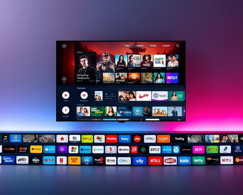 A sleek and modern entertainment portal, its interface showcasing a vibrant array of IPTV services. The foreground features an array of colorful app icons, each beckoning the user to explore a vast universe of content. In the middle ground, a large central display shows a curated selection of featured movies, TV shows, and live channels, all readily accessible. The background is a smooth gradient, creating a sense of depth and sophistication. Subtle lighting accents the portal's clean lines and minimalist design, exuding a premium, high-tech ambiance. The overall impression is one of a comprehensive, user-friendly gateway to limitless entertainment options. A sleek and modern entertainment portal, its interface showcasing a vibrant array of IPTV services. The foreground features an array of colorful app icons, each beckoning the user to explore a vast universe of content. In the middle ground, a large central display shows a curated selection of featured movies, TV shows, and live channels, all readily accessible. The background is a smooth gradient, creating a sense of depth and sophistication. Subtle lighting accents the portal's clean lines and minimalist design, exuding a premium, high-tech ambiance. The overall impression is one of a comprehensive, user-friendly gateway to limitless entertainment options.