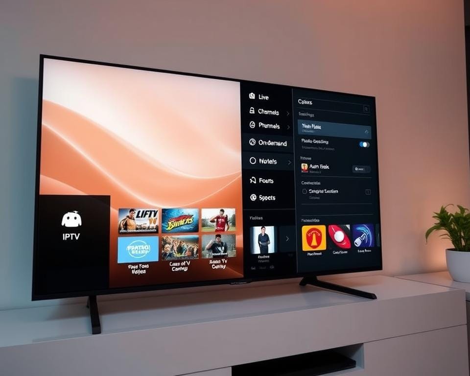 A sleek and modern interface displays a comprehensive set of IPTV options, with user-friendly icons and a clean, minimalist design. The foreground features a grid of thumbnails showcasing various IPTV service categories, such as live TV channels, on-demand content, and premium subscriptions. The middle ground depicts a sidebar menu with customizable settings, allowing the user to personalize their IPTV experience. In the background, a subtle gradient or abstract pattern creates a sense of depth and sophistication, complementing the overall aesthetic. The lighting is soft and diffused, with a warm color palette that evokes a premium and high-quality feel. The camera angle is slightly elevated, providing a clear and accessible view of the IPTV interface. A sleek and modern interface displays a comprehensive set of IPTV options, with user-friendly icons and a clean, minimalist design. The foreground features a grid of thumbnails showcasing various IPTV service categories, such as live TV channels, on-demand content, and premium subscriptions. The middle ground depicts a sidebar menu with customizable settings, allowing the user to personalize their IPTV experience. In the background, a subtle gradient or abstract pattern creates a sense of depth and sophistication, complementing the overall aesthetic. The lighting is soft and diffused, with a warm color palette that evokes a premium and high-quality feel. The camera angle is slightly elevated, providing a clear and accessible view of the IPTV interface.