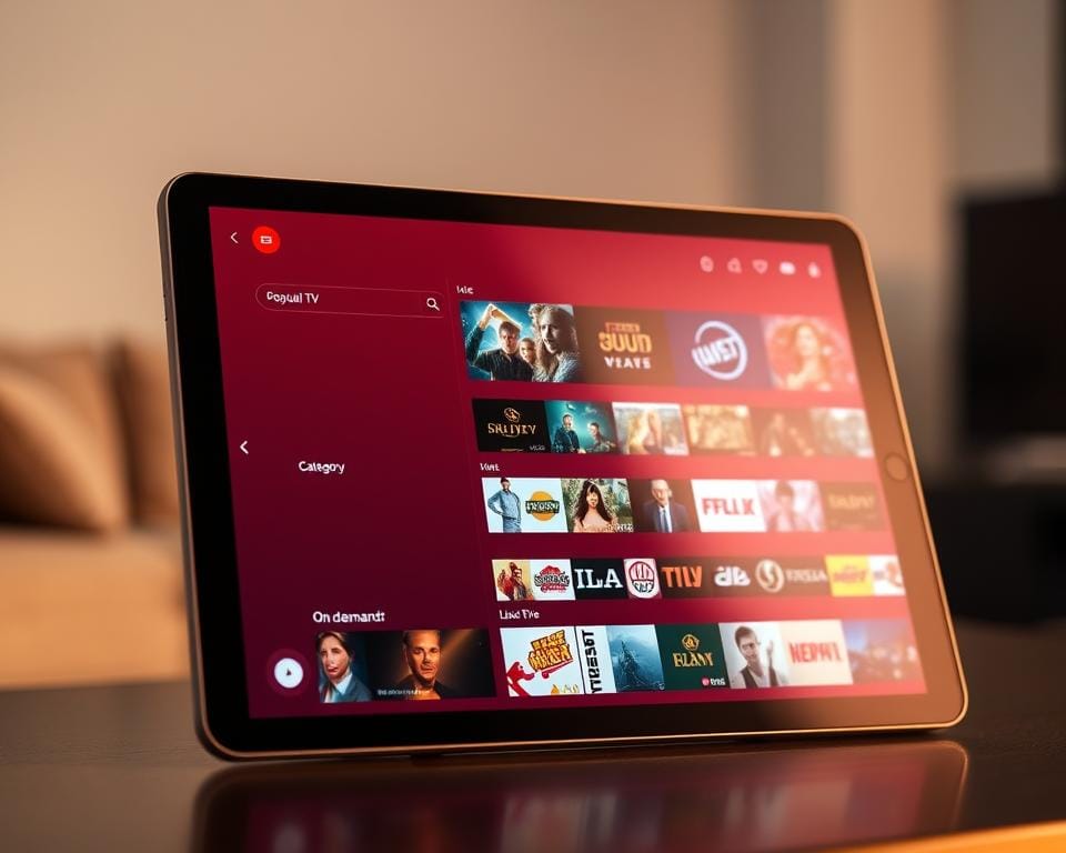 A sleek and modern smart IPTV app interface displayed on a high-resolution tablet device, showcasing a clean and intuitive design with vibrant colors and sharp graphics. The app's home screen features a grid of popular live TV channels and on-demand content, with clear category navigation and search functionality. The tablet is positioned at an angle, bathed in warm, diffused lighting that enhances the app's visual appeal. The background is a minimalist, blurred interior setting, suggesting a comfortable and premium viewing experience.