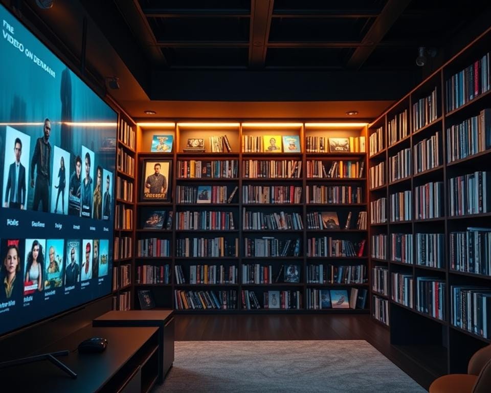 A sleek and modern video on demand library with a vast collection of movies and TV shows. The foreground features a large, high-definition television screen displaying a selection of thumbnails against a minimalist, dark-themed interface. The middle ground showcases several bookshelves lining the walls, filled with a diverse range of video content, neatly organized and easily accessible. The background depicts a warm, ambient lighting setup, creating a cozy and inviting atmosphere for the viewer to immerse themselves in their favorite entertainment. The overall composition conveys a sense of sophistication, convenience, and a comprehensive entertainment experience tailored for the modern viewer. A sleek and modern video on demand library with a vast collection of movies and TV shows. The foreground features a large, high-definition television screen displaying a selection of thumbnails against a minimalist, dark-themed interface. The middle ground showcases several bookshelves lining the walls, filled with a diverse range of video content, neatly organized and easily accessible. The background depicts a warm, ambient lighting setup, creating a cozy and inviting atmosphere for the viewer to immerse themselves in their favorite entertainment. The overall composition conveys a sense of sophistication, convenience, and a comprehensive entertainment experience tailored for the modern viewer.