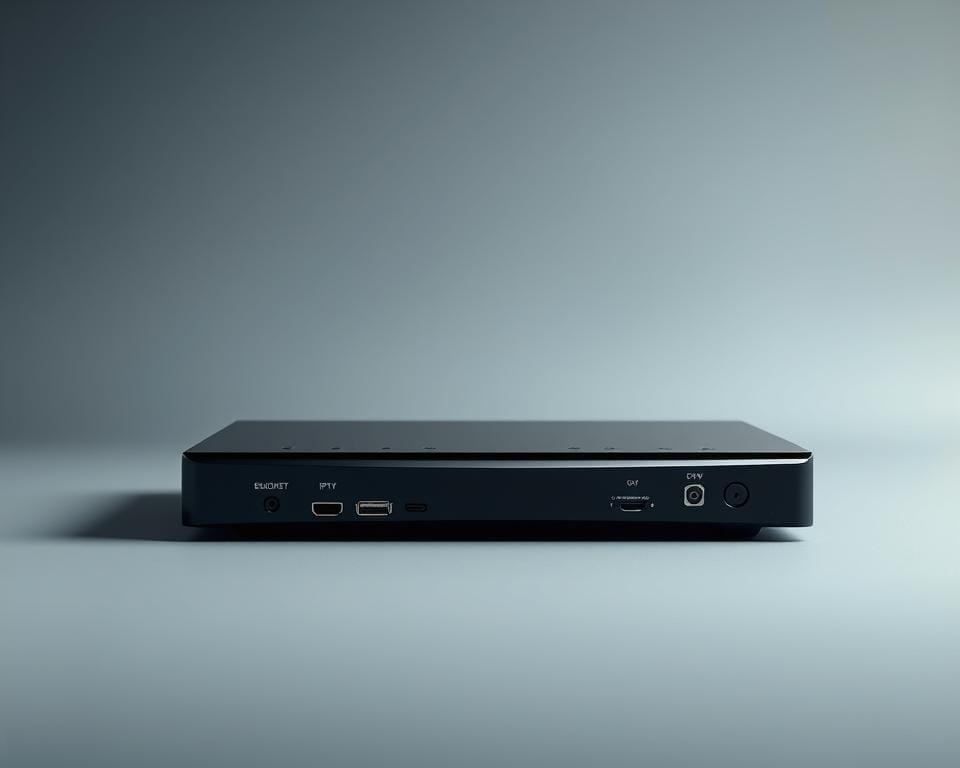 A sleek, high-tech IPTV receiver against a clean, minimalist backdrop. The device is centered, showcasing its modern, angular design with clean lines and a glossy black finish. The lighting is soft and diffused, accentuating the receiver's smooth surfaces and subtle details. In the foreground, various connection ports and interfaces are visible, hinting at the technical specifications and capabilities of the device. The background is a muted, gradient-based color scheme, allowing the receiver to take center stage. The overall composition and lighting create a sense of sophistication and technological prowess, perfectly suited to illustrate the "Technische Specificaties Waarop U Moet Letten" section of the IPTV box article. A sleek, high-tech IPTV receiver against a clean, minimalist backdrop. The device is centered, showcasing its modern, angular design with clean lines and a glossy black finish. The lighting is soft and diffused, accentuating the receiver's smooth surfaces and subtle details. In the foreground, various connection ports and interfaces are visible, hinting at the technical specifications and capabilities of the device. The background is a muted, gradient-based color scheme, allowing the receiver to take center stage. The overall composition and lighting create a sense of sophistication and technological prowess, perfectly suited to illustrate the "Technische Specificaties Waarop U Moet Letten" section of the IPTV box article.