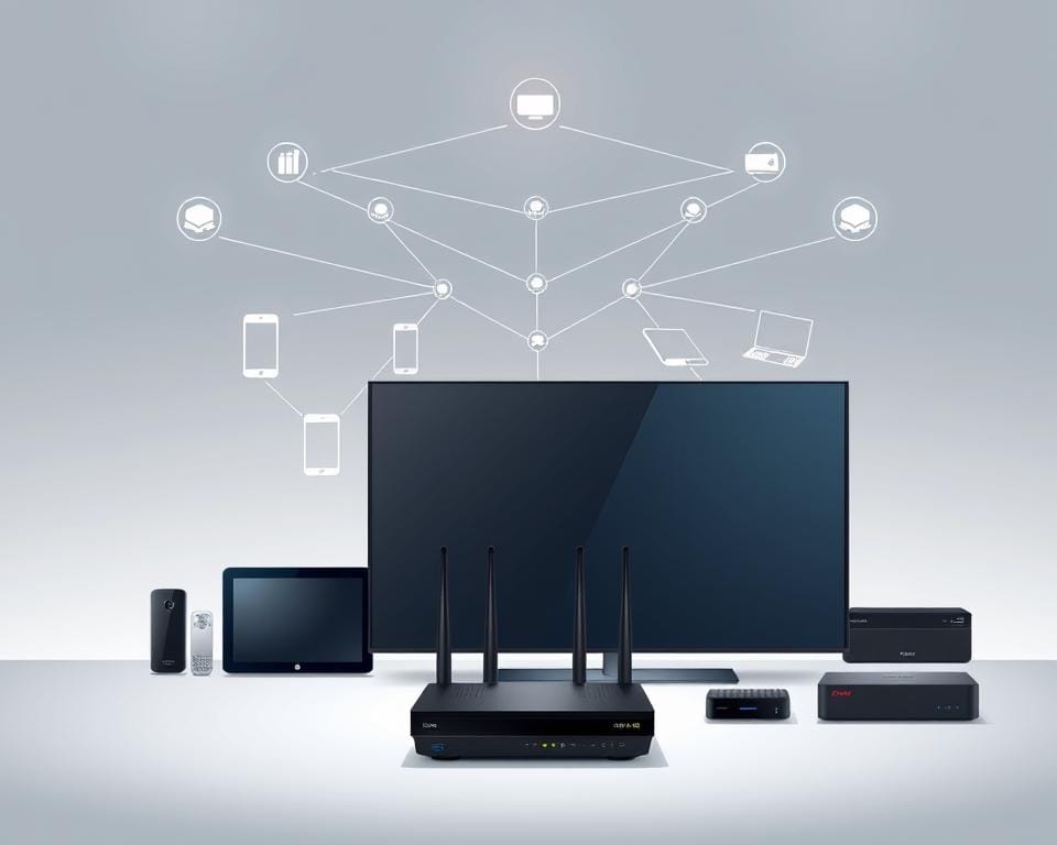 A sleek, minimalist illustration depicting the technical requirements for IPTV setup. In the foreground, a modern smart TV and a router, representing the core hardware. The middle ground showcases various compatible devices like smartphones, tablets, and streaming boxes, highlighting the versatility of the IPTV system. The background features a stylized network diagram, with interconnected nodes and lines symbolizing the underlying technical infrastructure. Soft, ambient lighting creates a professional, informative atmosphere. The overall composition conveys the essential elements needed to enjoy a seamless IPTV experience. A sleek, minimalist illustration depicting the technical requirements for IPTV setup. In the foreground, a modern smart TV and a router, representing the core hardware. The middle ground showcases various compatible devices like smartphones, tablets, and streaming boxes, highlighting the versatility of the IPTV system. The background features a stylized network diagram, with interconnected nodes and lines symbolizing the underlying technical infrastructure. Soft, ambient lighting creates a professional, informative atmosphere. The overall composition conveys the essential elements needed to enjoy a seamless IPTV experience.