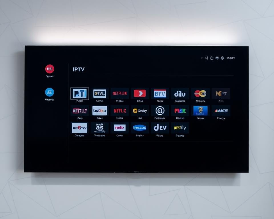 A sleek, modern IPTV channel overview displayed on a high-resolution screen. The foreground shows a clean grid of channel logos, icons, and names presented in an elegant, minimalist style. The middle ground features a seamless transition between the channel grid and a background of subtly patterned shapes or gradients, creating depth and visual interest. The lighting is soft and even, with a slight glow emanating from the screen. The overall mood is professional, informative, and visually appealing, capturing the essence of the "Beschikbare content en kanalenoverzicht" section. A sleek, modern IPTV channel overview displayed on a high-resolution screen. The foreground shows a clean grid of channel logos, icons, and names presented in an elegant, minimalist style. The middle ground features a seamless transition between the channel grid and a background of subtly patterned shapes or gradients, creating depth and visual interest. The lighting is soft and even, with a slight glow emanating from the screen. The overall mood is professional, informative, and visually appealing, capturing the essence of the "Beschikbare content en kanalenoverzicht" section.