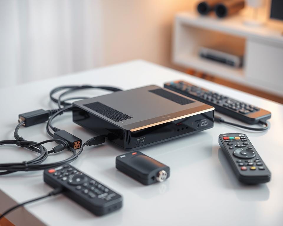 A sleek, modern IPTV set-top box resting on a minimalist, white table. The device is surrounded by various input/output cables, remote controls, and other accessories, all neatly arranged. The lighting is soft and diffused, creating a warm, inviting atmosphere. The focus is on the box itself, showcasing its clean design and high-tech features. The background is blurred, drawing the viewer's attention to the key selection criteria - reliability, performance, and user-friendliness. A sleek, modern IPTV set-top box resting on a minimalist, white table. The device is surrounded by various input/output cables, remote controls, and other accessories, all neatly arranged. The lighting is soft and diffused, creating a warm, inviting atmosphere. The focus is on the box itself, showcasing its clean design and high-tech features. The background is blurred, drawing the viewer's attention to the key selection criteria - reliability, performance, and user-friendliness.