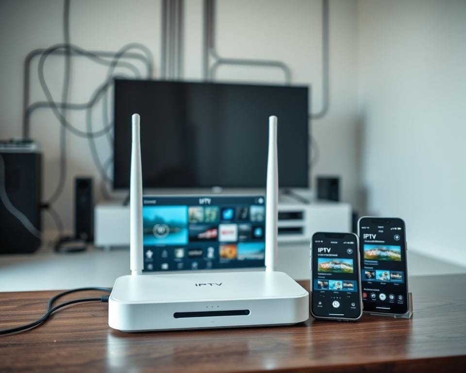 A sleek, modern IPTV setup with a central media hub and connected smart devices. In the foreground, a minimalist wireless router and set-top box against a backdrop of cable connections and network equipment. The middle ground features a tablet and smartphone displaying IPTV interfaces, conveying the seamless integration of devices. The background showcases a clean, minimalist room with subtle lighting, suggesting a high-tech, efficient home entertainment system. The overall atmosphere is one of technological sophistication and user-friendly connectivity. A sleek, modern IPTV setup with a central media hub and connected smart devices. In the foreground, a minimalist wireless router and set-top box against a backdrop of cable connections and network equipment. The middle ground features a tablet and smartphone displaying IPTV interfaces, conveying the seamless integration of devices. The background showcases a clean, minimalist room with subtle lighting, suggesting a high-tech, efficient home entertainment system. The overall atmosphere is one of technological sophistication and user-friendly connectivity.