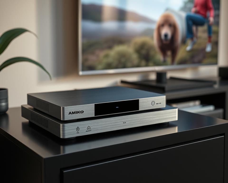 A sleek, modern Linux-based media streaming device, the Amiko Mira X-5200 sits atop a minimalist black entertainment stand, its brushed aluminum chassis gleaming under soft, warm lighting. Elegant lines and a low-profile design hint at the powerful internals - a high-performance SoC, ample RAM, and a robust Linux OS optimized for seamless media playback. In the foreground, the device's front panel displays its unassuming but sophisticated controls, while in the background, a 4K HDTV showcases the Mira's video output capabilities. The overall scene conveys a sense of cutting-edge technology and effortless home entertainment. A sleek, modern Linux-based media streaming device, the Amiko Mira X-5200 sits atop a minimalist black entertainment stand, its brushed aluminum chassis gleaming under soft, warm lighting. Elegant lines and a low-profile design hint at the powerful internals - a high-performance SoC, ample RAM, and a robust Linux OS optimized for seamless media playback. In the foreground, the device's front panel displays its unassuming but sophisticated controls, while in the background, a 4K HDTV showcases the Mira's video output capabilities. The overall scene conveys a sense of cutting-edge technology and effortless home entertainment.