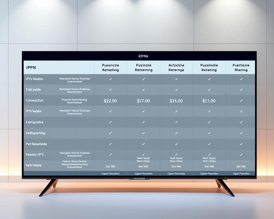A sleek, modern comparison table showcasing the various IPTV subscription plans and pricing from KPN, the leading telecommunications provider in the Netherlands. The table is set against a clean, minimalist background with subtle grid lines and soft, ambient lighting that highlights the key details. The plan names, monthly costs, and feature breakdowns are presented in a clear, organized layout that allows easy comparison. The overall aesthetic conveys a sense of professionalism and clarity, making it an ideal visual accompaniment to the "IPTV KPN: Informatie, prijzen en abonnementen voor Nederland" article and its "Prijzen en abonnementen voor iptv kpn" section. A sleek, modern comparison table showcasing the various IPTV subscription plans and pricing from KPN, the leading telecommunications provider in the Netherlands. The table is set against a clean, minimalist background with subtle grid lines and soft, ambient lighting that highlights the key details. The plan names, monthly costs, and feature breakdowns are presented in a clear, organized layout that allows easy comparison. The overall aesthetic conveys a sense of professionalism and clarity, making it an ideal visual accompaniment to the "IPTV KPN: Informatie, prijzen en abonnementen voor Nederland" article and its "Prijzen en abonnementen voor iptv kpn" section.