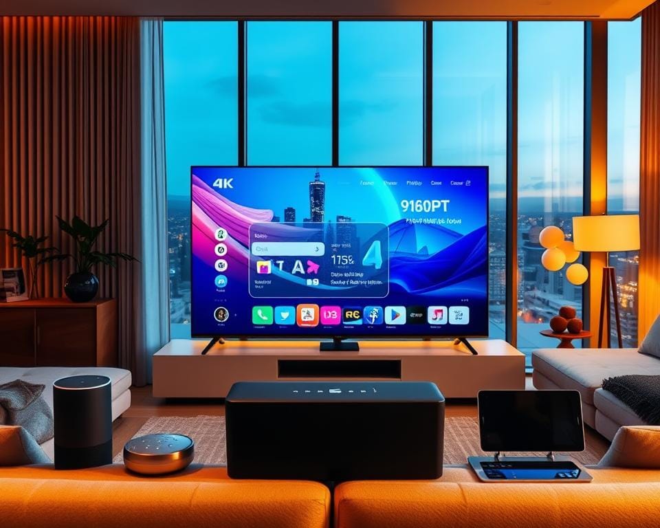 A sleek, modern living room setting featuring various smart home devices seamlessly integrated throughout the space. In the foreground, an elegant 4K smart TV takes center stage, its screen displaying a vibrant, high-definition interface. Surrounding it, an array of compatible devices such as a voice-controlled smart speaker, a tablet, and a smartphone are arranged in a harmonious layout, showcasing their interconnectivity and ease of use. The middle ground is illuminated by warm, ambient lighting, creating a cozy and inviting atmosphere. In the background, large windows offer a panoramic view of a bustling city skyline, emphasizing the urban, high-tech setting. The overall scene conveys a sense of technological sophistication and universal compatibility, reflecting the article's focus on IPTV accessibility across a wide range of smart devices. A sleek, modern living room setting featuring various smart home devices seamlessly integrated throughout the space. In the foreground, an elegant 4K smart TV takes center stage, its screen displaying a vibrant, high-definition interface. Surrounding it, an array of compatible devices such as a voice-controlled smart speaker, a tablet, and a smartphone are arranged in a harmonious layout, showcasing their interconnectivity and ease of use. The middle ground is illuminated by warm, ambient lighting, creating a cozy and inviting atmosphere. In the background, large windows offer a panoramic view of a bustling city skyline, emphasizing the urban, high-tech setting. The overall scene conveys a sense of technological sophistication and universal compatibility, reflecting the article's focus on IPTV accessibility across a wide range of smart devices.