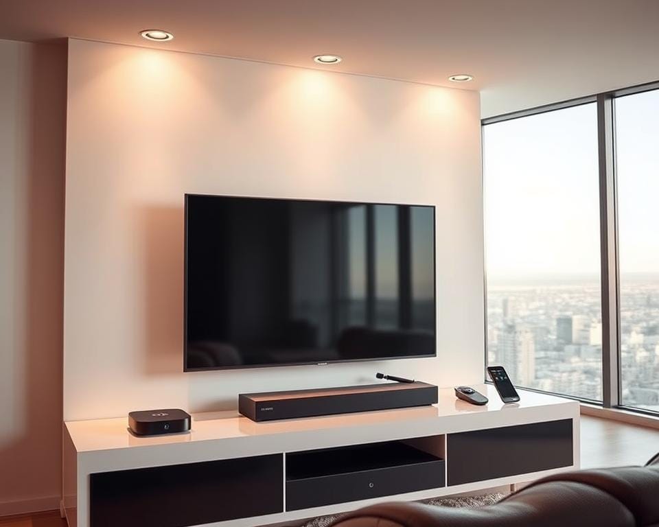 A sleek, modern living room with various streaming devices neatly arranged on a minimalist entertainment center. A smart TV takes center stage, surrounded by a compact soundbar, a streaming box, and a tablet or smartphone. Soft, warm lighting emanates from recessed ceiling fixtures, creating a cozy and inviting atmosphere. The devices are connected seamlessly, showcasing the compatibility and integration of different platforms for a seamless streaming experience. In the background, a large window overlooks a serene urban landscape, emphasizing the versatility and convenience of the streaming setup. A sleek, modern living room with various streaming devices neatly arranged on a minimalist entertainment center. A smart TV takes center stage, surrounded by a compact soundbar, a streaming box, and a tablet or smartphone. Soft, warm lighting emanates from recessed ceiling fixtures, creating a cozy and inviting atmosphere. The devices are connected seamlessly, showcasing the compatibility and integration of different platforms for a seamless streaming experience. In the background, a large window overlooks a serene urban landscape, emphasizing the versatility and convenience of the streaming setup.