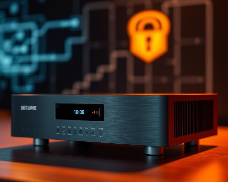 A sleek, modern media player with a minimalist design, showcasing technical security features. In the foreground, the device's brushed metal casing reflects warm studio lighting, casting a professional, high-end aesthetic. The middle ground features intuitive controls and indicator lights, suggesting advanced security protocols. In the background, a subtle grid pattern or circuit board design adds a technological underpinning, complementing the player's secure media capabilities. The overall composition conveys a sense of reliability, precision, and cutting-edge digital protection for the user's IPTV experience.