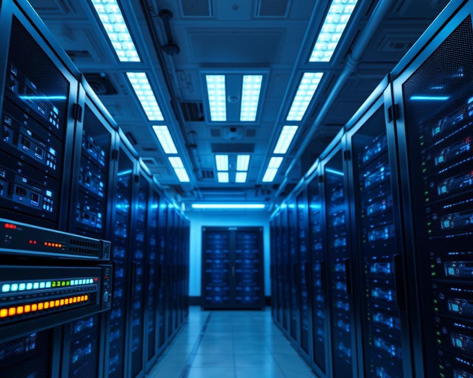 A sleek, modern server room housing the powerful infrastructure of a high-performance streaming service. Rows of gleaming server racks, their lights blinking in a rhythmic pattern, are bathed in a cool blue glow from overhead LED lighting. The room is spacious and well-ventilated, with a sense of order and efficiency. In the foreground, a network switch and router stand ready to handle the data flow, their ports connecting the various components. The middle ground features visible cooling systems, ensuring the equipment remains at optimal operating temperatures. In the background, a series of high-capacity data storage arrays provide the necessary capacity to store and deliver the vast library of content. The overall atmosphere conveys a sense of technological sophistication, reliability, and unwavering dedication to delivering a seamless streaming experience. A sleek, modern server room housing the powerful infrastructure of a high-performance streaming service. Rows of gleaming server racks, their lights blinking in a rhythmic pattern, are bathed in a cool blue glow from overhead LED lighting. The room is spacious and well-ventilated, with a sense of order and efficiency. In the foreground, a network switch and router stand ready to handle the data flow, their ports connecting the various components. The middle ground features visible cooling systems, ensuring the equipment remains at optimal operating temperatures. In the background, a series of high-capacity data storage arrays provide the necessary capacity to store and deliver the vast library of content. The overall atmosphere conveys a sense of technological sophistication, reliability, and unwavering dedication to delivering a seamless streaming experience.