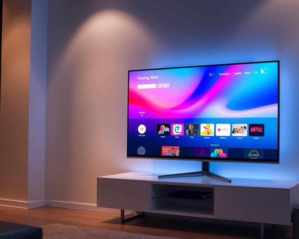 A sleek, modern television displaying a vivid streaming interface. The screen glows with vibrant colors, showcasing a clean, minimalist design. The TV is placed on a stylish, floating entertainment unit, creating a seamless, high-tech ambiance. Soft, indirect lighting illuminates the scene, casting a warm, inviting glow. The television is positioned at a slight angle, drawing the viewer's attention to the immersive streaming experience. The background features a subtle, blurred gradient, emphasizing the focus on the television's advanced capabilities. The overall atmosphere conveys a sense of technological sophistication and modern living. A sleek, modern television displaying a vivid streaming interface. The screen glows with vibrant colors, showcasing a clean, minimalist design. The TV is placed on a stylish, floating entertainment unit, creating a seamless, high-tech ambiance. Soft, indirect lighting illuminates the scene, casting a warm, inviting glow. The television is positioned at a slight angle, drawing the viewer's attention to the immersive streaming experience. The background features a subtle, blurred gradient, emphasizing the focus on the television's advanced capabilities. The overall atmosphere conveys a sense of technological sophistication and modern living.