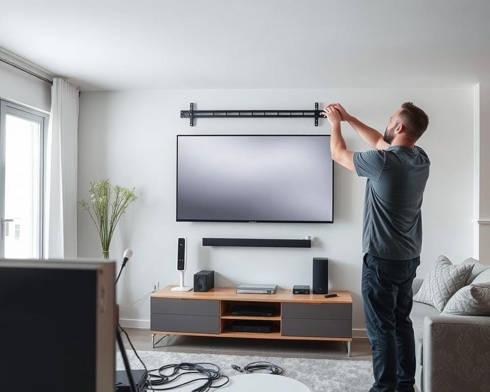 A sleek, modern television service installation scene. In the foreground, a technician carefully mounting a wall-mounted TV, ensuring secure and precise placement. The middle ground features neatly organized cables and equipment, conveying a sense of professionalism and attention to detail. In the background, a clean, minimalist living room setting with neutral tones and natural lighting, creating a serene and inviting atmosphere. The overall image communicates a seamless and hassle-free television installation process, reinforcing the idea of a reliable, guaranteed service.
