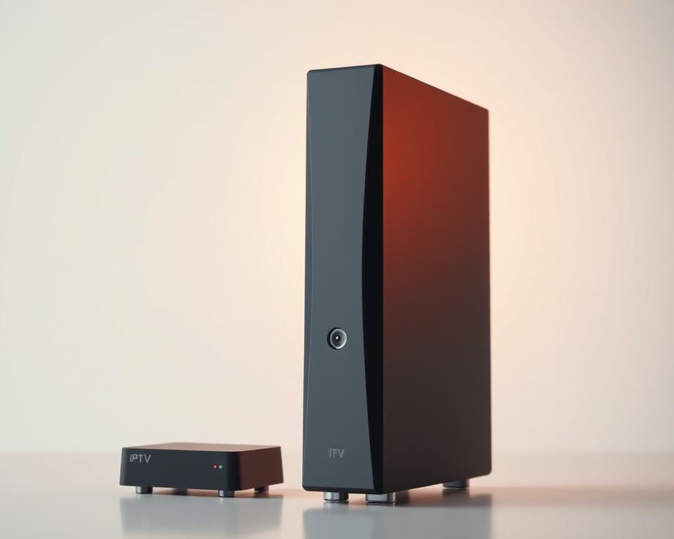 A sleek, specialized IPTV receiver stands tall, its modern design exuding quality and precision. Beside it, a generic, low-cost alternative appears drab and uninspiring. The specialized receiver is illuminated by warm, focused lighting, highlighting its premium construction and advanced features. The generic model, in contrast, is shrouded in a hazy, uninviting atmosphere. In the background, a crisp, minimalist setting emphasizes the distinct differences in value and performance between the two IPTV solutions. This image conveys the superiority of a specialized IPTV box over its budget-friendly counterparts, showcasing the importance of investing in quality for reliable, high-quality streaming experiences. A sleek, specialized IPTV receiver stands tall, its modern design exuding quality and precision. Beside it, a generic, low-cost alternative appears drab and uninspiring. The specialized receiver is illuminated by warm, focused lighting, highlighting its premium construction and advanced features. The generic model, in contrast, is shrouded in a hazy, uninviting atmosphere. In the background, a crisp, minimalist setting emphasizes the distinct differences in value and performance between the two IPTV solutions. This image conveys the superiority of a specialized IPTV box over its budget-friendly counterparts, showcasing the importance of investing in quality for reliable, high-quality streaming experiences.