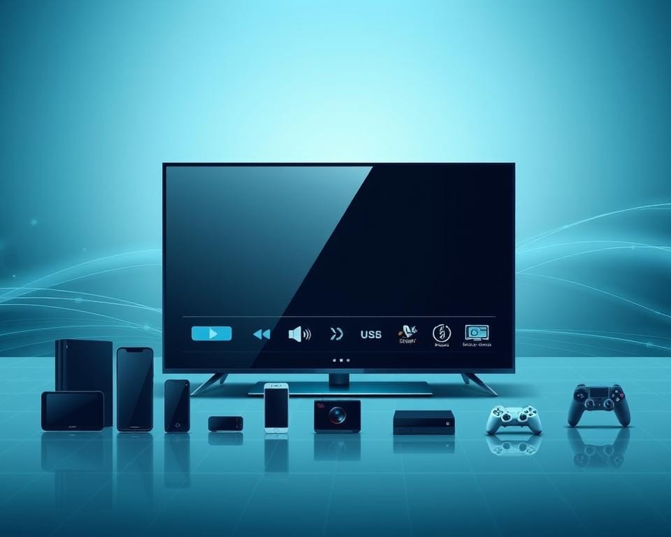 A sophisticated and immersive media player interface, showcasing a clean and modern design. The foreground displays a collection of supported device icons, including smart TVs, smartphones, tablets, and gaming consoles, all rendered in a sleek, high-tech style. The middle ground features a minimalist control panel with intuitive playback controls and options, bathed in a soft, ambient lighting. The background subtly evokes a digital landscape, with subtle grid patterns and fluid, abstract shapes, creating a sense of technological sophistication and connectivity. The overall composition is balanced, with a focus on simplicity and user-friendliness, perfectly suited to illustrate the "Ondersteunde Devices en Installatie" section of the IPTV article.